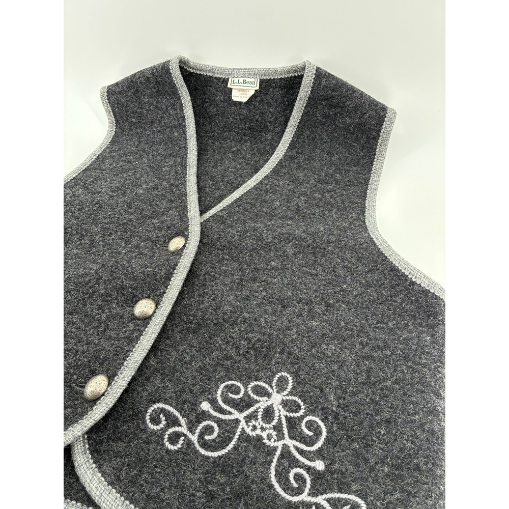 VNTG 90's LL Bean Boiled Wool Vest Austria Embroidered Charcoal Gray Large